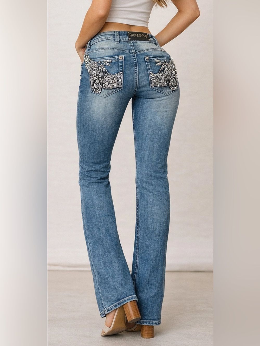 Women's Platinum Plush Chrome Rider Embroidered Bootcut Jeans NEW